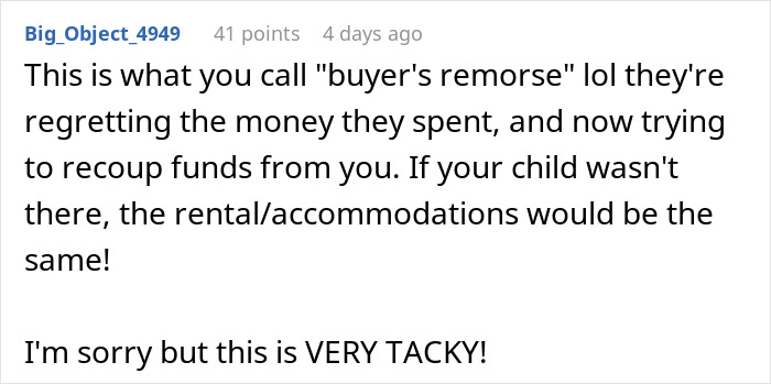 Text comment about parents' shock over a hefty vacation bill and buyer's remorse.