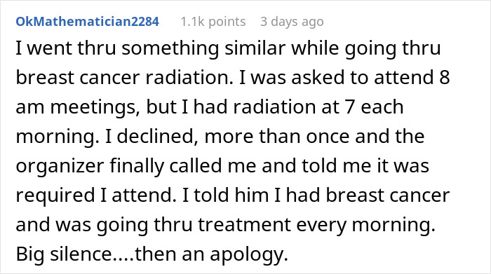 Text discussing how someone declined early meetings due to radiation treatment, leading to an apology from an entitled coworker.