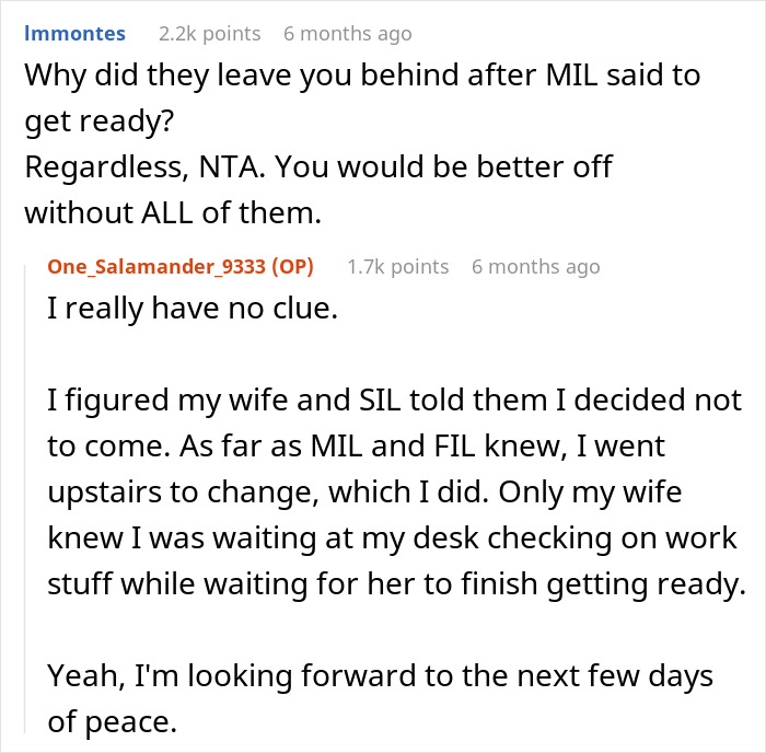 Reddit conversation about feeling excluded from in-laws' brunch and dinner.