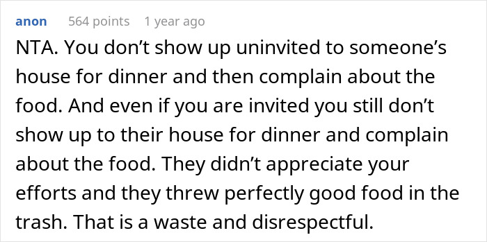 Text discussing wasted food at a dinner party, highlighting uninvited attendance and disrespectful behavior.