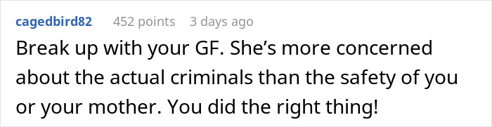 Text comment defending gun threat against intruders, praising decision for prioritizing safety over criminals' concern.