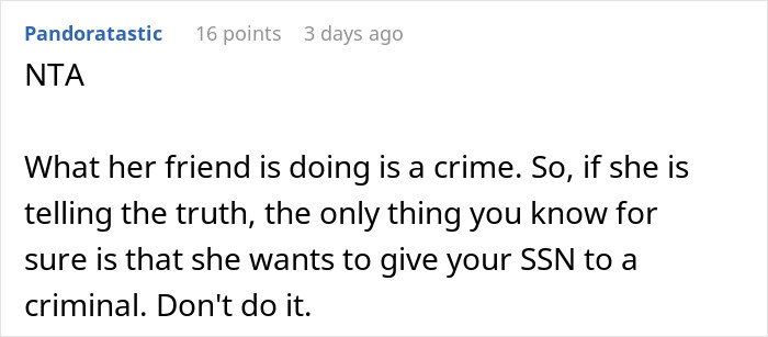 Comment warns against sharing social security number for a girlfriend's background check.