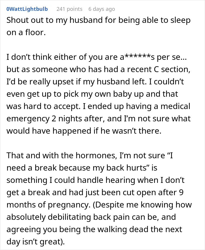 Text discussing a husband's support after a C-section, highlighting the importance of staying with a wife post-surgery.