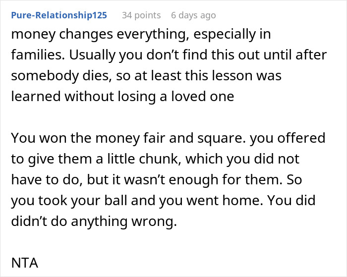 Comment on lottery winnings from a white elephant gift, discussing fairness and family dynamics.