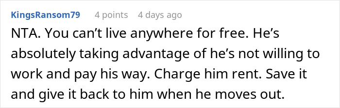 Reddit comment about a woman charging her brother rent, discussing fairness and financial responsibility.