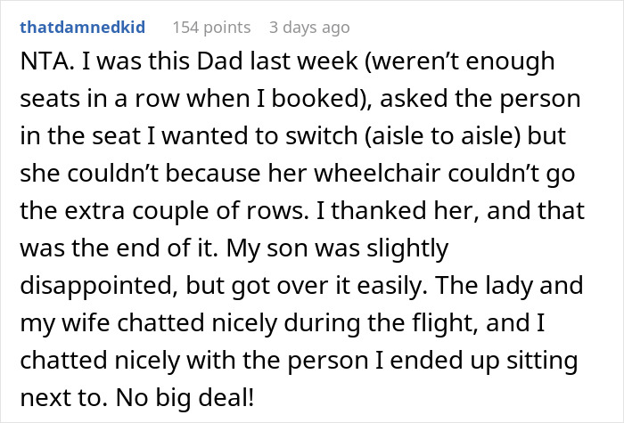 Text screenshot of a dad's story about seating on a flight, mentioning aisle seat issues.