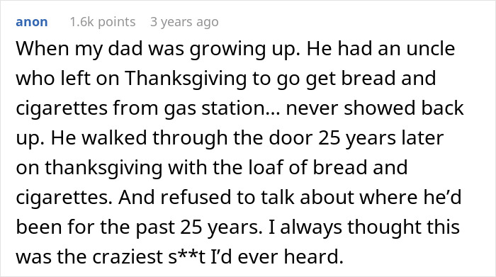 Text recounting a mystery disappearance of a man who was missing for 25 years, returning on Thanksgiving.