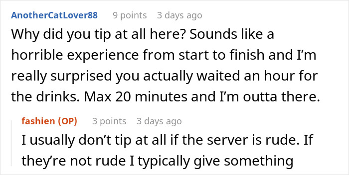 Reddit comments discussing tipping 10% for poor service at a restaurant.