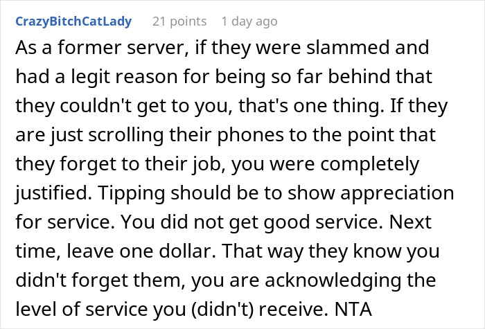 Text response discussing forgotten service and tipping.