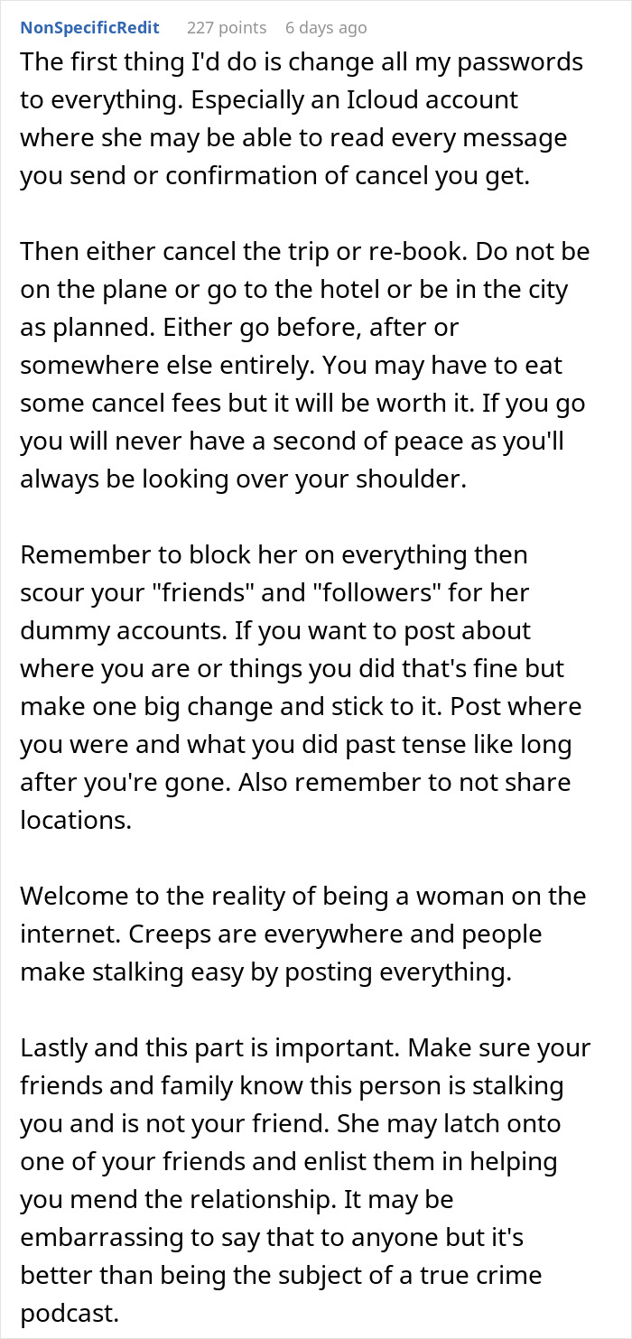 Text from an online post about managing online safety and personal boundaries during a solo trip.