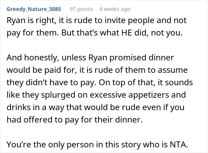 Comment on a post discussing paying for a boyfriend's birthday dinner, addressing issues of rudeness and responsibility.