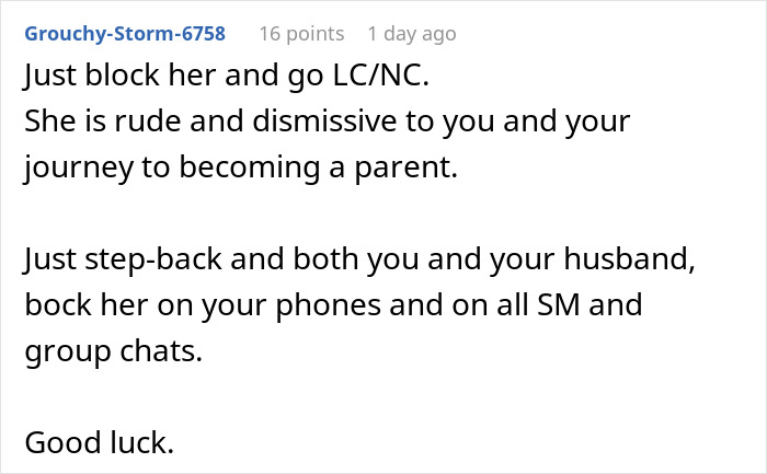 Reddit comment advising a woman to block her rude sister and prioritize her journey to becoming a parent.