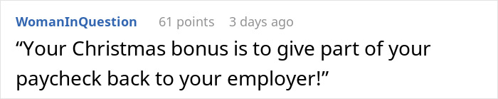 Comment highlights worker's dissatisfaction with holiday bonus, receiving store discount while manager gets $11k.