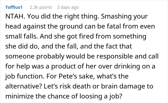 Comment discussing the consequences of calling an ambulance, leading to a coworker's dismissal.