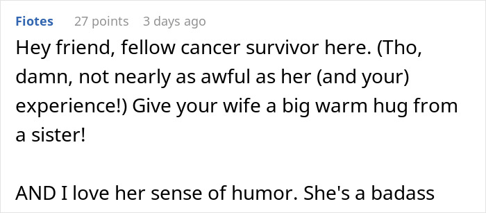 Text comment from user discussing cancer survival and offering supportive words.