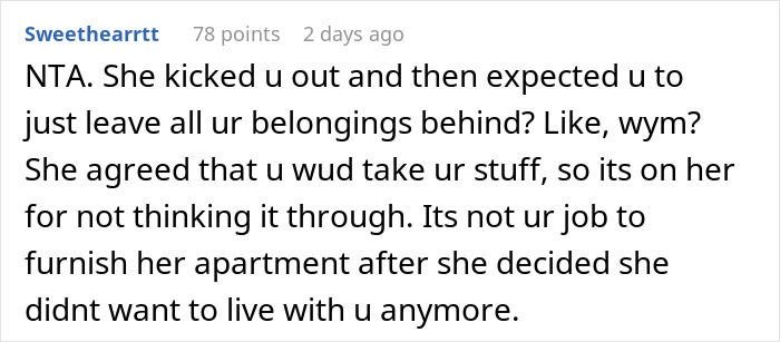 Woman Is Mad After Roommate Takes Everything He Bought Upon Being Kicked Out, Gets A Reality Check