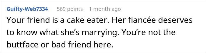 Reddit comment discussing friendship and relationship honesty, referencing an affair.