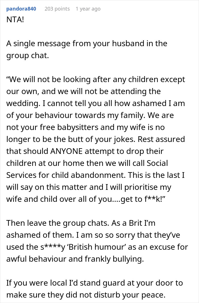 Text response defending a woman pressured by family to babysit at a wedding.