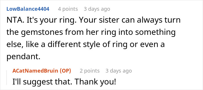 Reddit comment discussing a sister's refusal to give up an heirloom ring, suggesting gemstone customization.