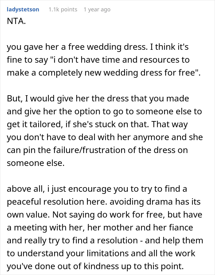 Discussion on bridal shop owner's refusal to make a second free wedding dress, causing family tension.