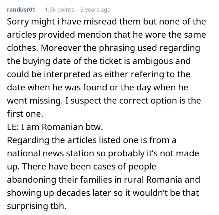 Comment discussing a mystery disappearance, referencing ambiguous details about a man's missing case.