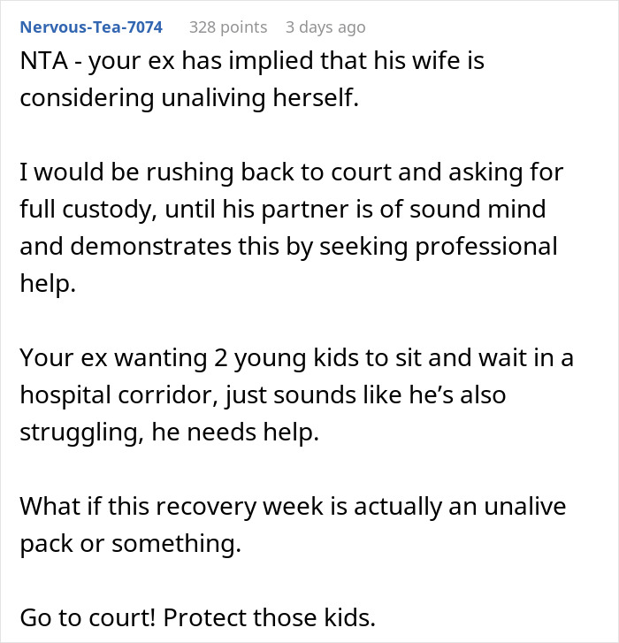 Reddit comment discussing a woman's ex-husband and custody concerns after his new wife's implication of self-harm.