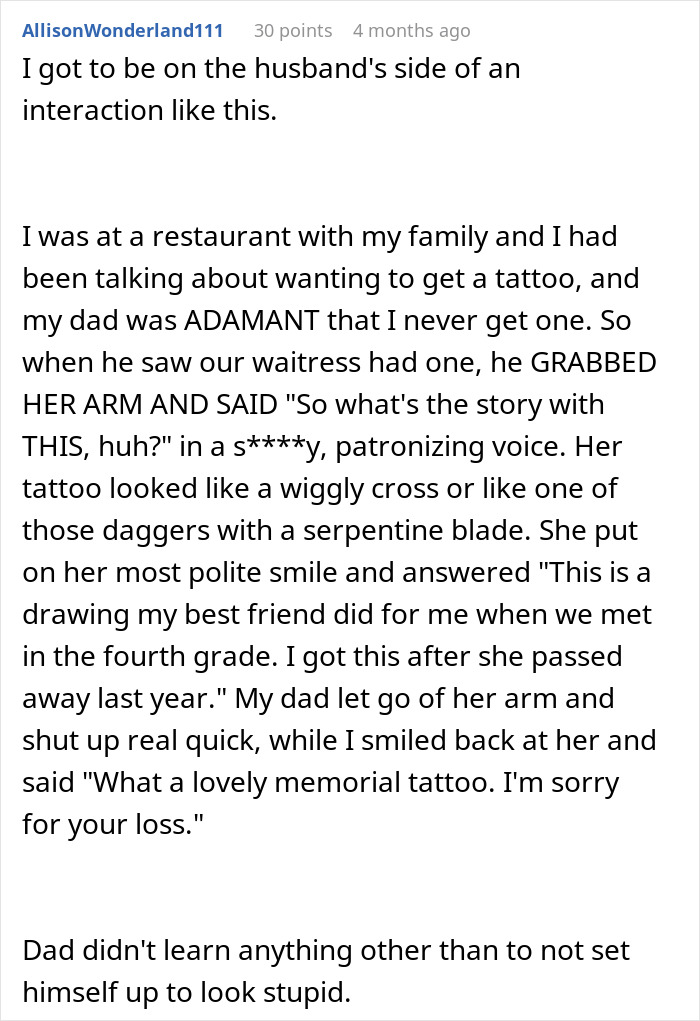 Text recounting a dad's unsolicited opinion on a waitress's tattoo, which he found "trashy," yet the story behind it was touching.