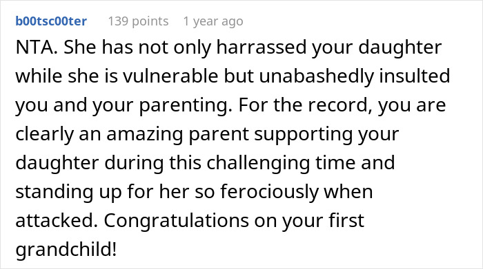 Reddit comment supporting a mother defending her daughter against grandmother's actions about her baby.