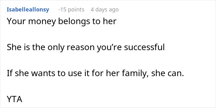 Comment criticizing man as a deadbeat, attributing his success to his wife and supporting her family.