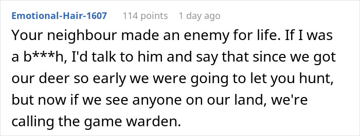 Text exchange about a neighbor, deer hunting, and land use on private property.