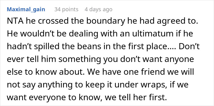 Reddit comment discussing a man ignoring a wife's plea to keep pregnancy private, leading to family issues.