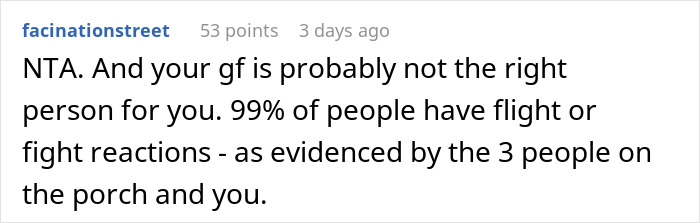 Reddit comment defending decision to confront intruders, mentioning flight or fight reactions.