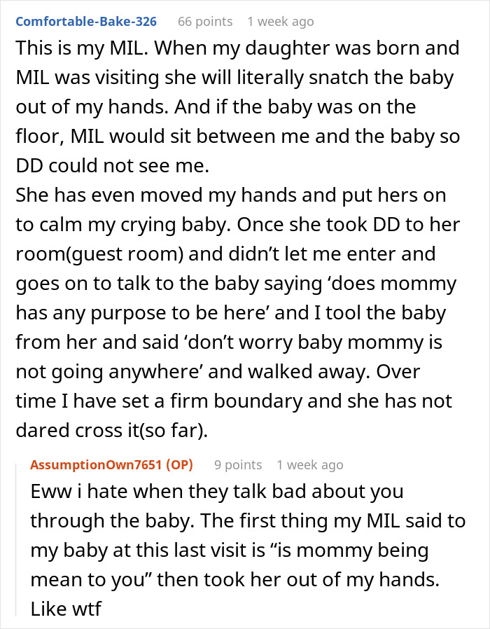 Text exchange discussing mil-hold-baby-drama, describing confrontations with MIL over baby care boundaries.