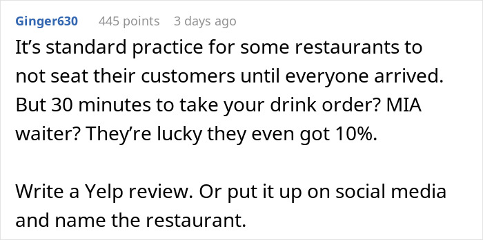 Customer discusses poor service and 10% tip in an online review suggestion.