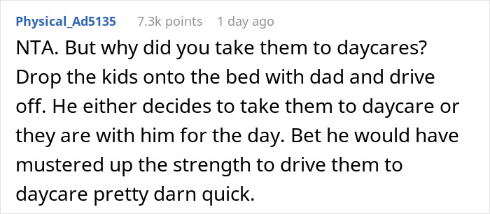 Reddit comment discussing handling children's daycare responsibilities with a man-child husband.