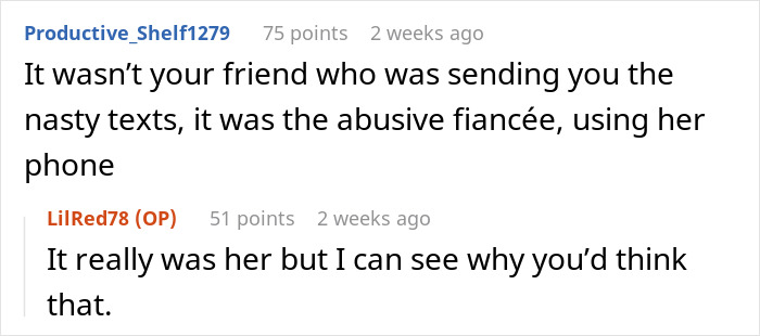 Reddit comments about a woman not invited to a wedding, discussing texts allegedly from an abusive fiancée.