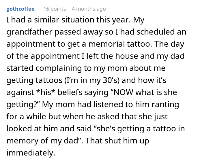 Text exchange about a woman's plan for a memorial tattoo and her dad's unsolicited opinion.