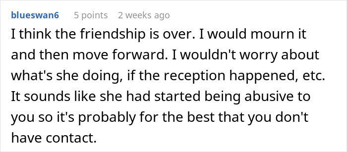 Screenshot of a Reddit comment discussing the end of a friendship related to a wedding invitation.