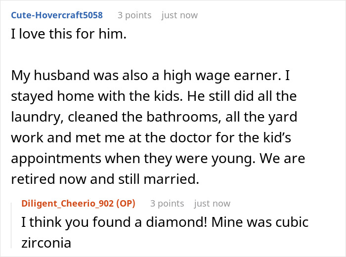 Reddit comment exchange about relationships, housework, and marriage, featuring humorous revenge keyword reference.