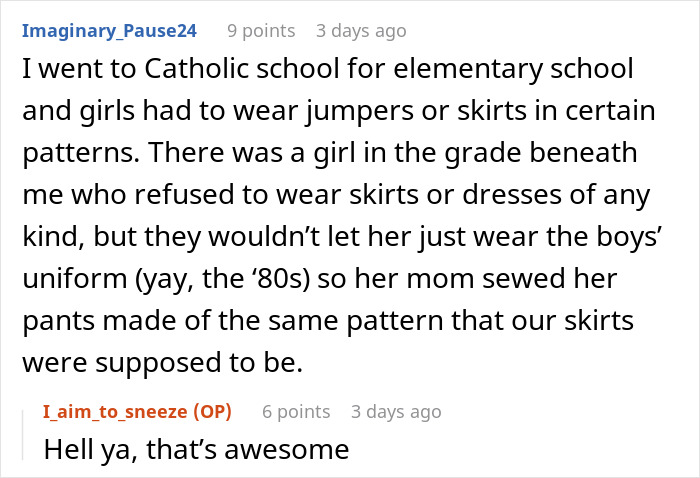 Reddit comment about school dress code loophole, mentioning an '80s Catholic school uniform hack by a creative mom.