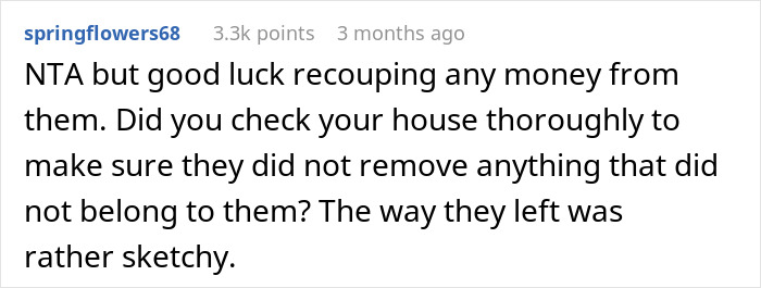 Reddit comment discusses difficulty of recouping money from husband's family after unpaid bill.