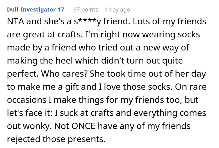 Text exchange discussing handmade gift expectations and crafting imperfections.