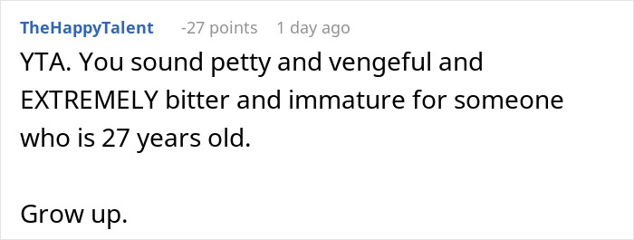 Reddit comment criticizing a woman's behavior as petty and immature regarding house rules.