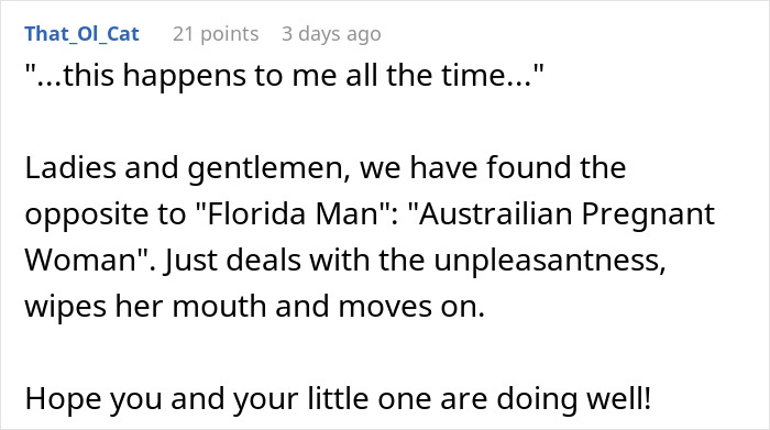 Text post discussing "Australian Pregnant Woman" and dealing with unpleasantness.