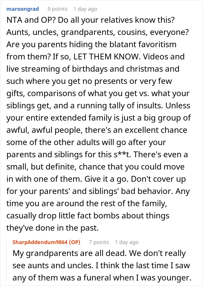 Reddit conversation discussing a teen refusing to be treated as a babysitter by family.