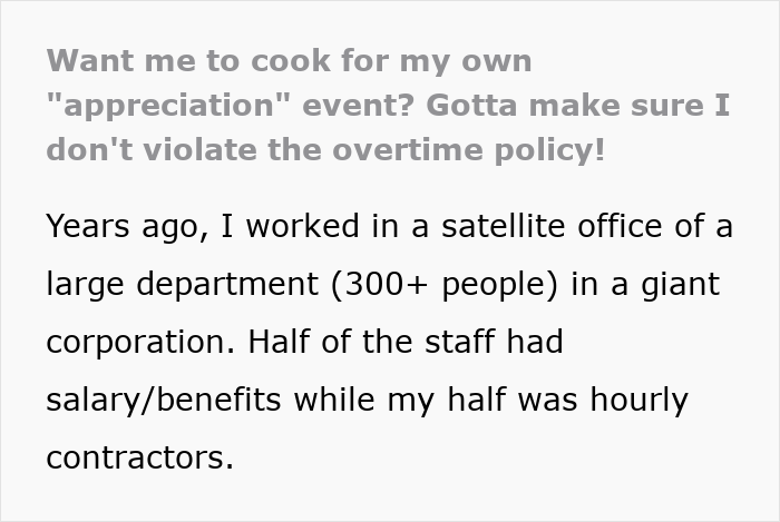 Text highlights employee disappointment at company appreciation potluck event.