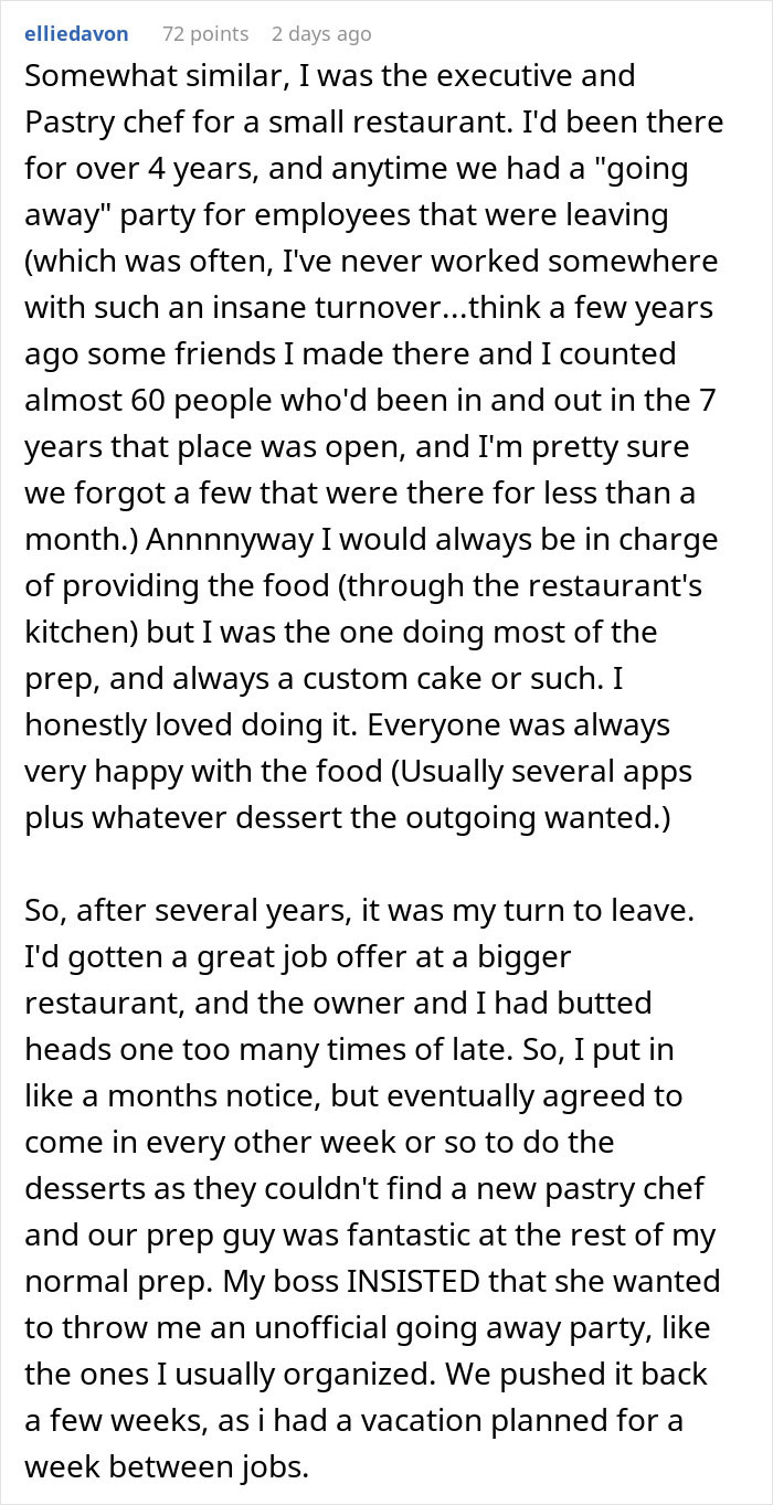 Text post about an executive pastry chef's experience with employee potluck disappointments.