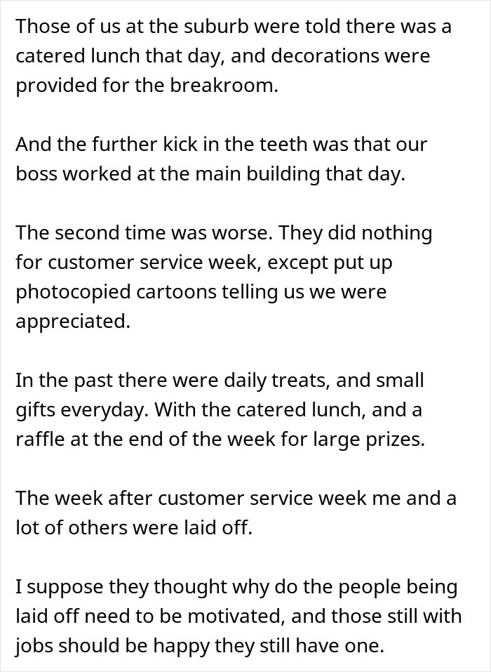 Text about a company appreciation potluck leading to disappointment and layoffs discussed by employees.