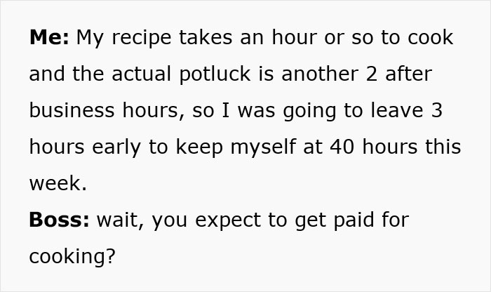 Text exchange about cooking time and pay for a company appreciation potluck.