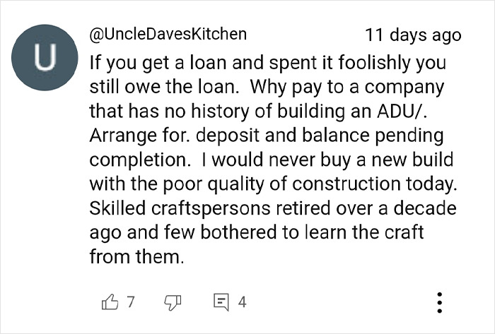 Comment discussing risks of building a tiny home, highlighting poor construction quality and financial concerns.